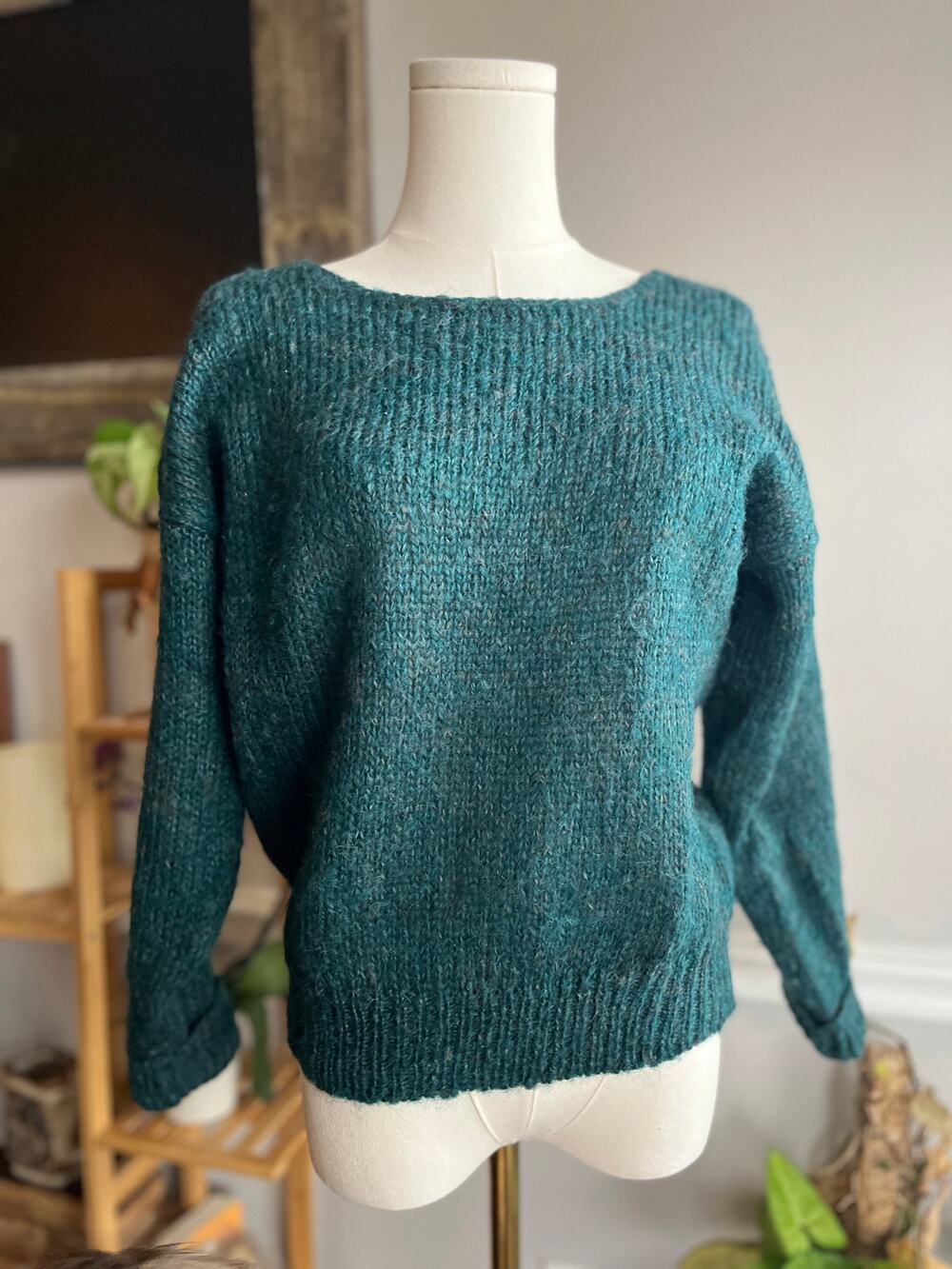 Vintage 90s Fisherman Sweater Green Wool Blend Boat Neck Size Small